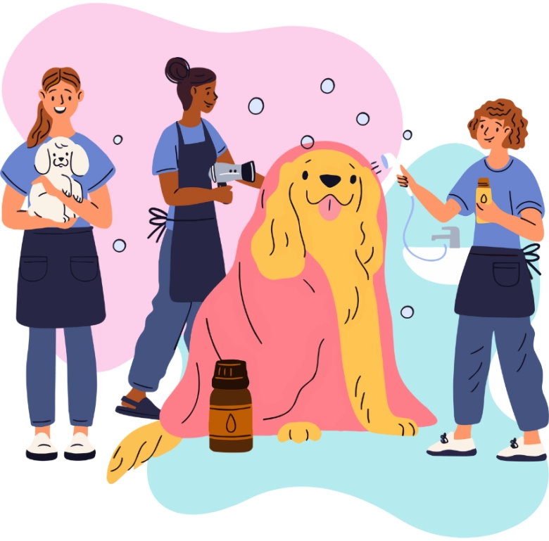 Ilustración de profesionales en una peluquería canina, bañando y secando a un perro que está feliz